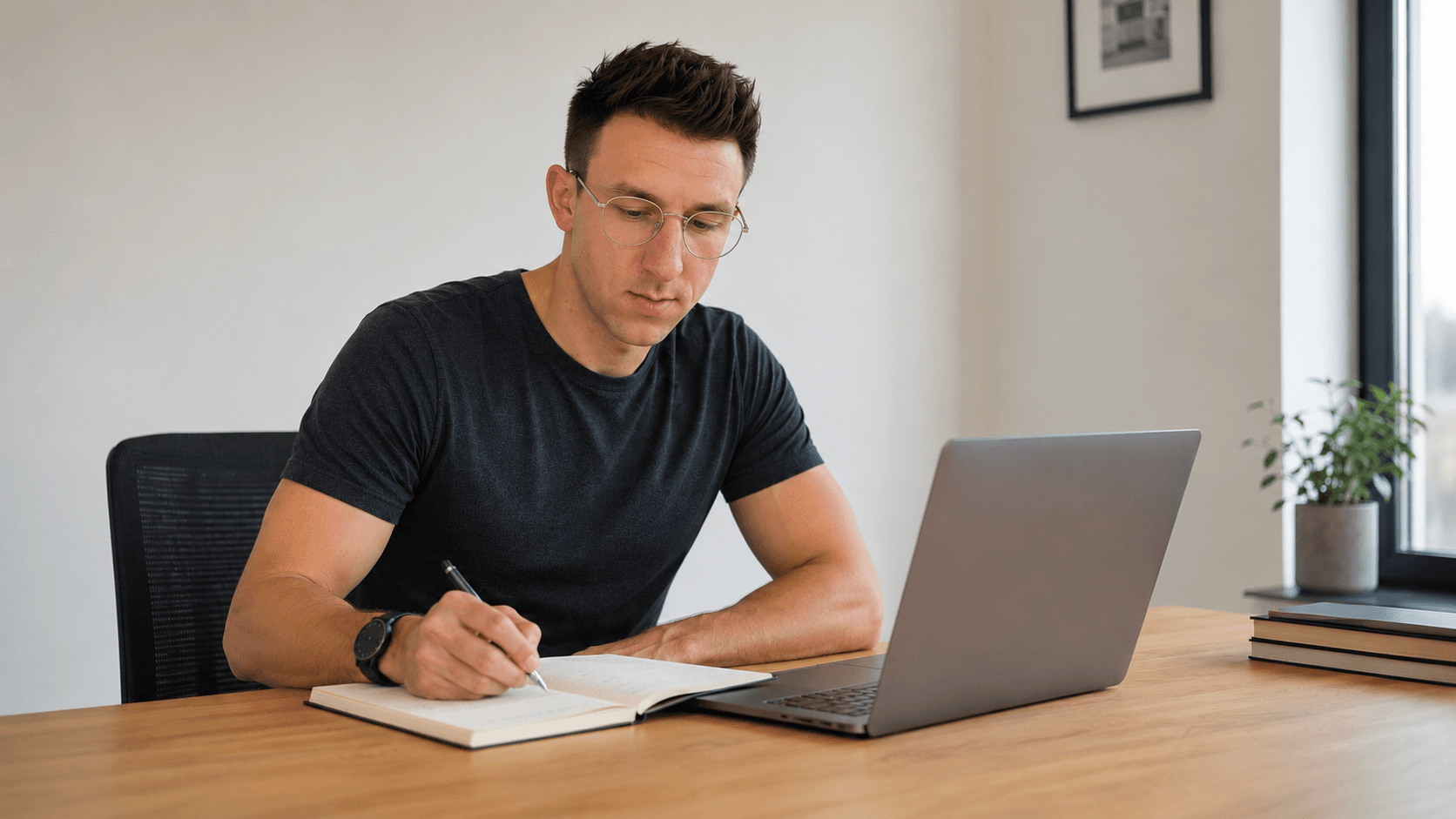 Florian Mik arbeitet konzentriert am Laptop und macht sich Notizen.